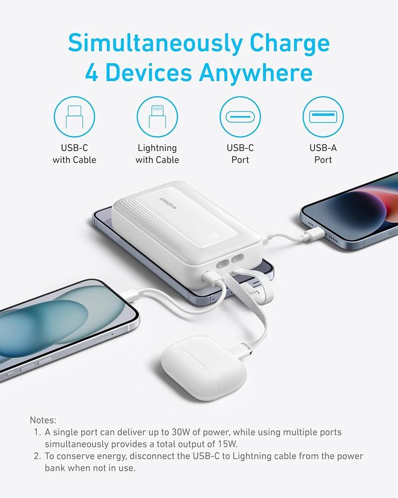 ANKER POWER BANK (10K, 30W, BUILT-IN USB-C  CABLE) BLACK Compact and Portable Durable Built-In Cable Digital Display  Fast Charging