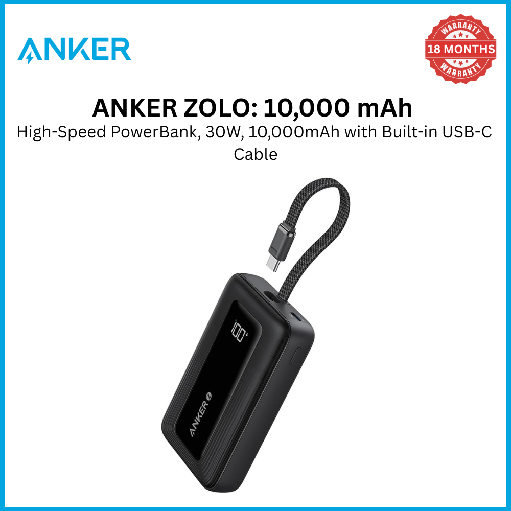 ANKER POWER BANK (10K, 30W, BUILT-IN USB-C  CABLE) BLACK Compact and Portable Durable Built-In Cable Digital Display  Fast Charging