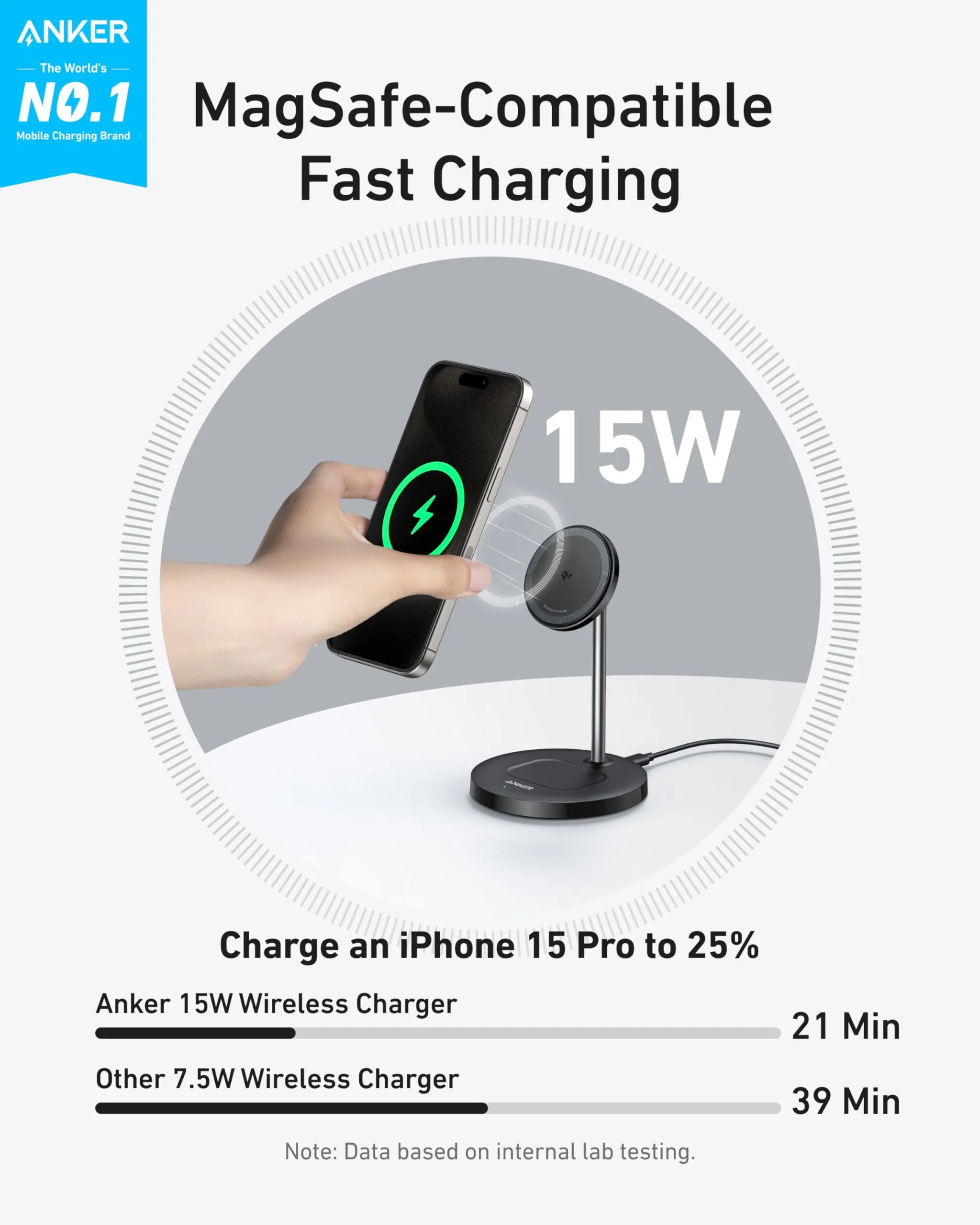 [Exclusive deal] Anker MagGo Wireless Charger (2-in-1, Stand) - MagSafe Charger for iPhone and AirPods with Fast USB-C Charging,Fast, Efficient 15W Charging, Charge 2 Devices at Once