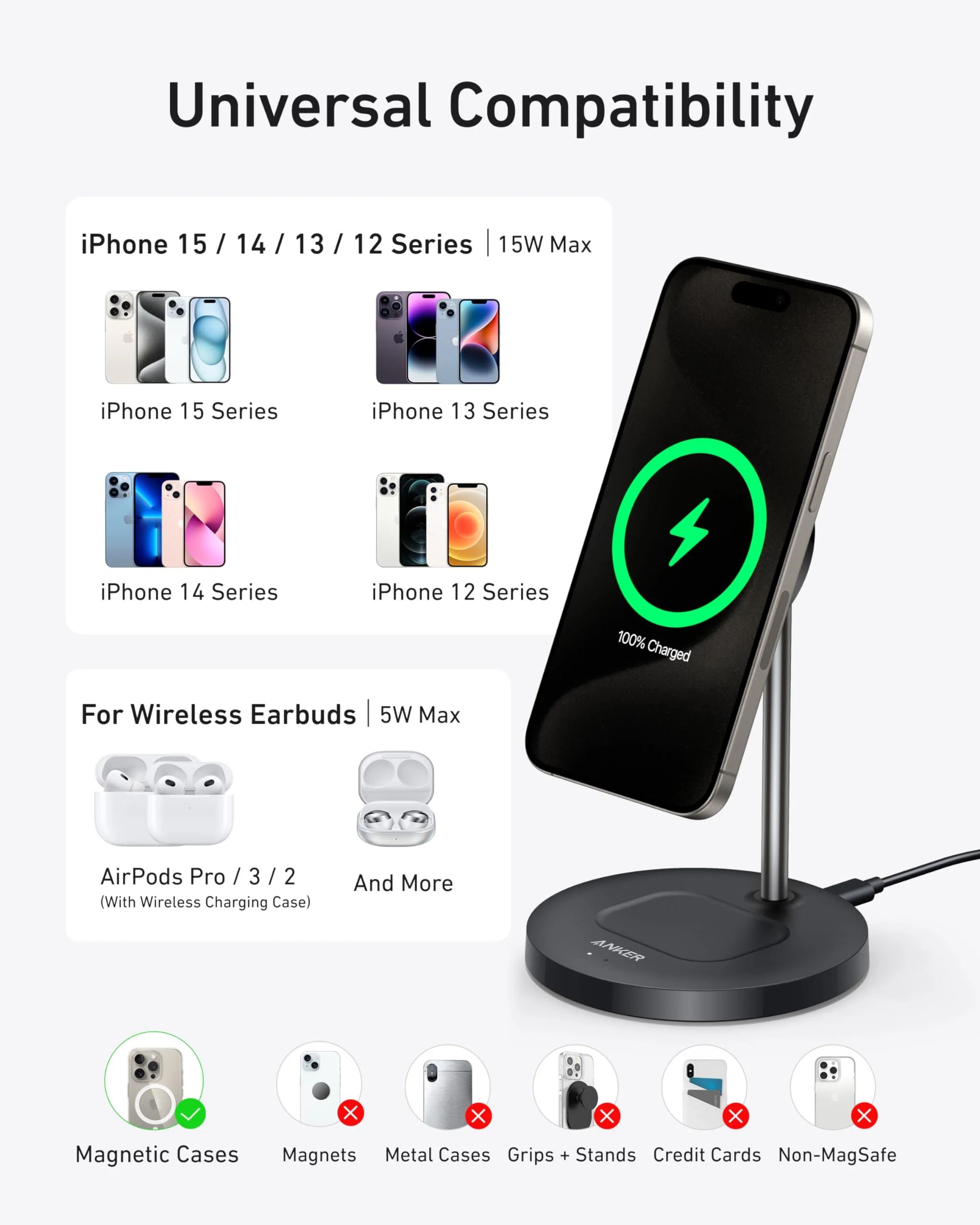 [Exclusive deal] Anker MagGo Wireless Charger (2-in-1, Stand) - MagSafe Charger for iPhone and AirPods with Fast USB-C Charging,Fast, Efficient 15W Charging, Charge 2 Devices at Once