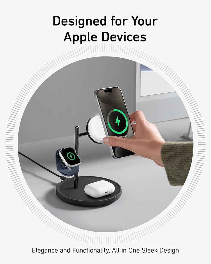 [Exclusive deal] Anker MagGo Wireless Charging Station (3-in-1 Stand) – MagSafe Fast Charger for iPhone, Apple Watch, AirPods,Ultra-Fast 15W Wireless Charging,Lightweight Design, Wireless Charging