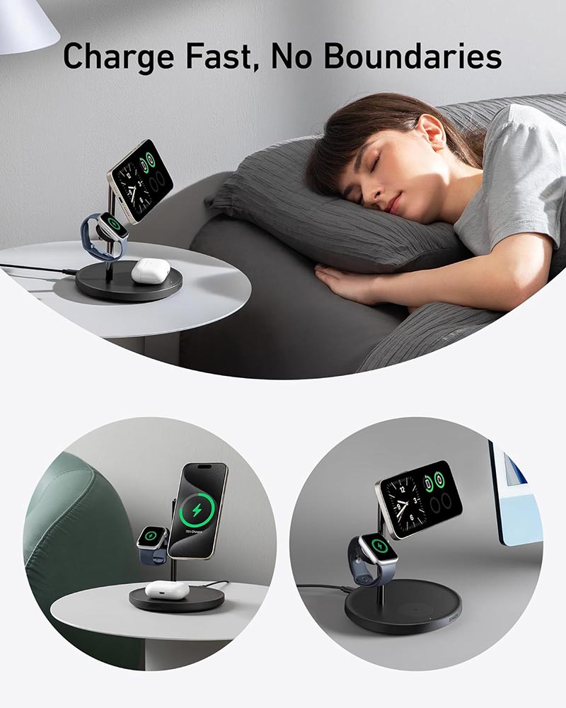 [Exclusive deal] Anker MagGo Wireless Charging Station (3-in-1 Stand) – MagSafe Fast Charger for iPhone, Apple Watch, AirPods,Ultra-Fast 15W Wireless Charging,Lightweight Design, Wireless Charging