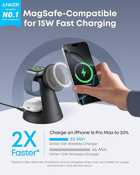[Exclusive deal] Anker MagGo Wireless Charging Station (3-in-1, Dock Stand) - Dock Stand with 15W Fast Charge for iPhone, Watch, AirPods