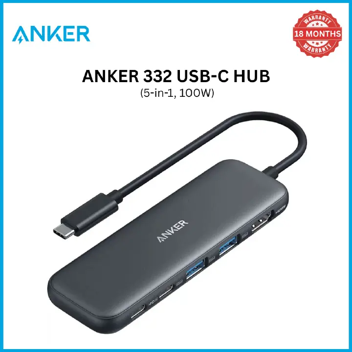 【Anker Official】Anker 332 USB-C Hub (5-in-1) - Black ~ Compact Hub with 4K HDMI 5 Gbps USB-C Data Port and 2 5 Gbps USB-A Data Ports for MacBook Pro, MacBook Air, Dell XPS, Lenovo Thinkpad,HP Laptops