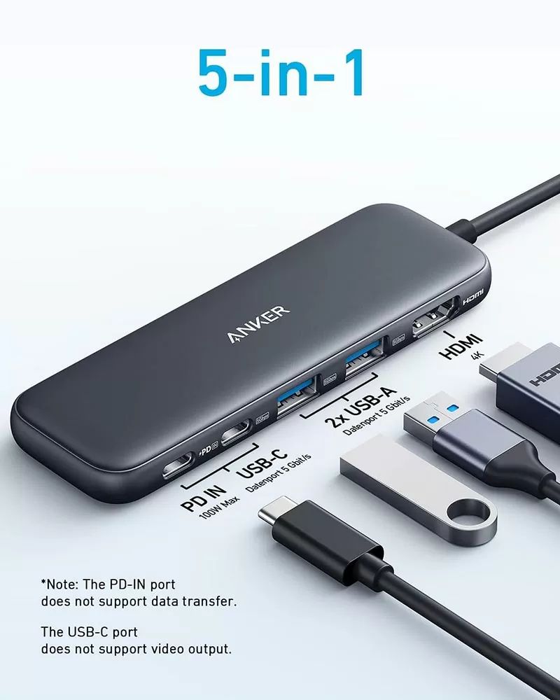 【Anker Official】Anker 332 USB-C Hub (5-in-1) - Black ~ Compact Hub with 4K HDMI 5 Gbps USB-C Data Port and 2 5 Gbps USB-A Data Ports for MacBook Pro, MacBook Air, Dell XPS, Lenovo Thinkpad,HP Laptops