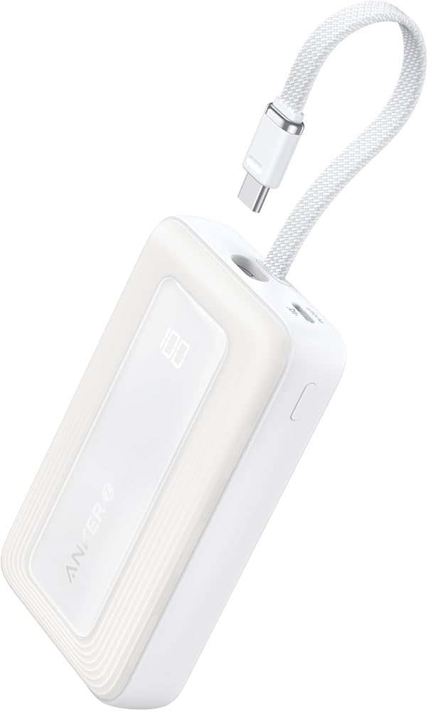 [New Arrival] ANKER POWER BANK (1OK,3OW, BUILT-IN USB-C+LIGHTNING CABLE) WHITE Digital display for battery status,compact desigh,multi- device charging, portable charger