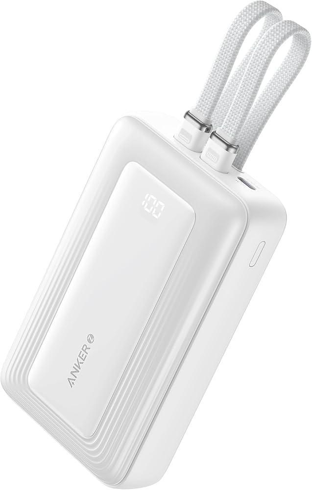 [New Arrival] ANKER POWER BANK (1OK,3OW, BUILT-IN USB-C+LIGHTNING CABLE) WHITE Digital display for battery status,compact desigh,multi- device charging, portable charger