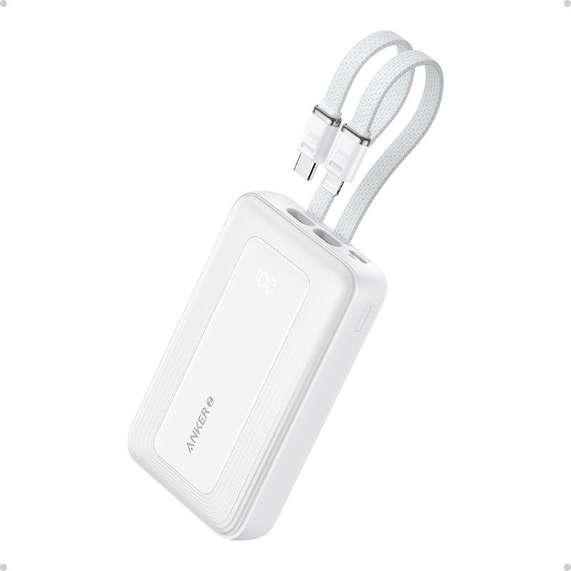 [New Arrival] ANKER POWER BANK (1OK,3OW, BUILT-IN USB-C+LIGHTNING CABLE) WHITE Digital display for battery status,compact desigh,multi- device charging, portable charger