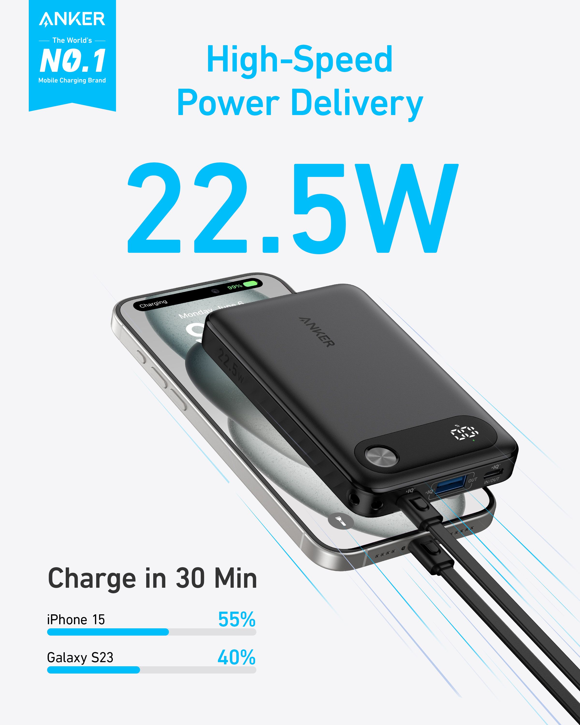 [LIMITED OFFER] Anker Power Bank (10K, 22.5W)  BlackFast Charging: Ultra-Portable with Built-in USB-C Cable and Smart Digital Display