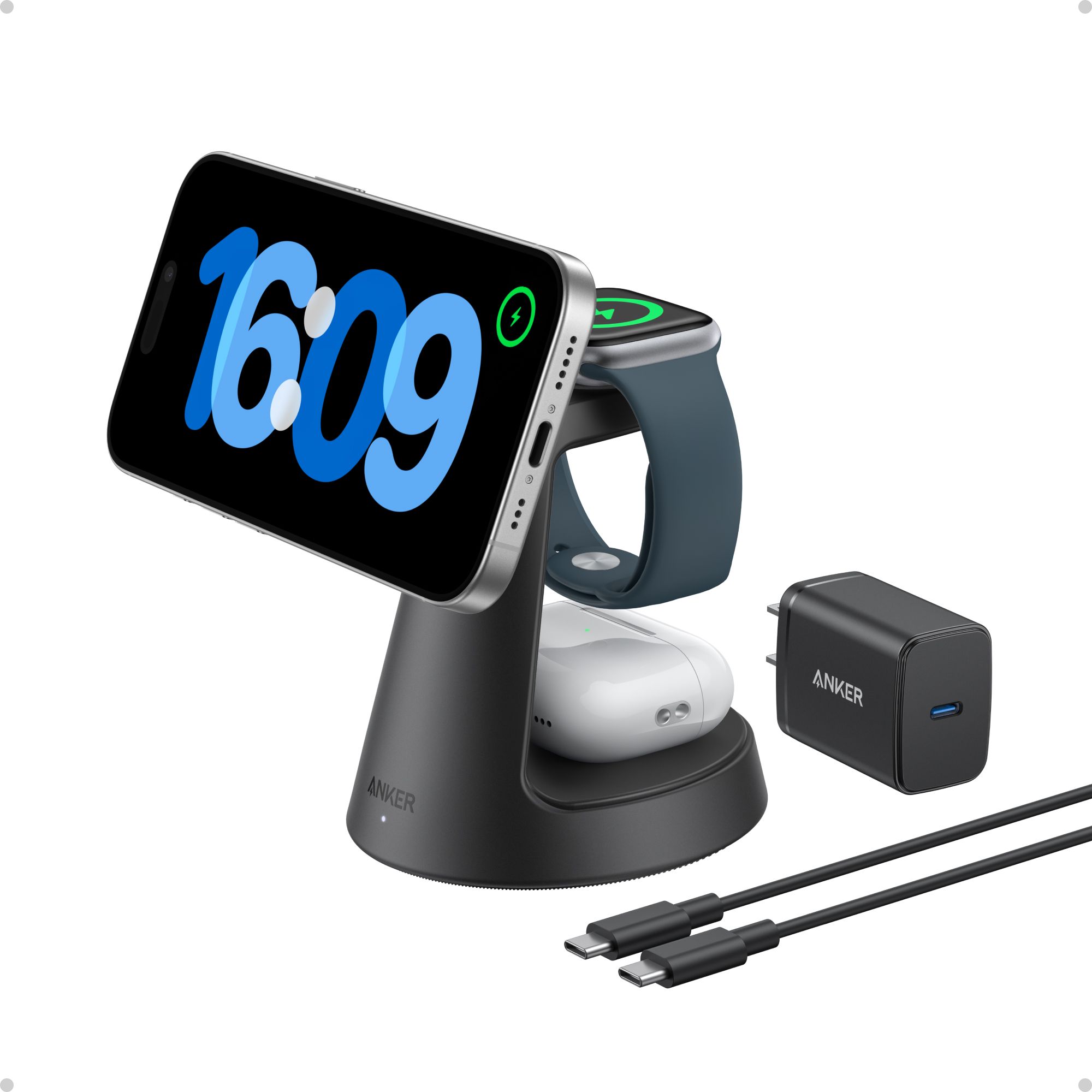 [Exclusive deal] Anker MagGo Wireless Charging Station (3-in-1, Dock Stand) - Dock Stand with 15W Fast Charge for iPhone, Watch, AirPods