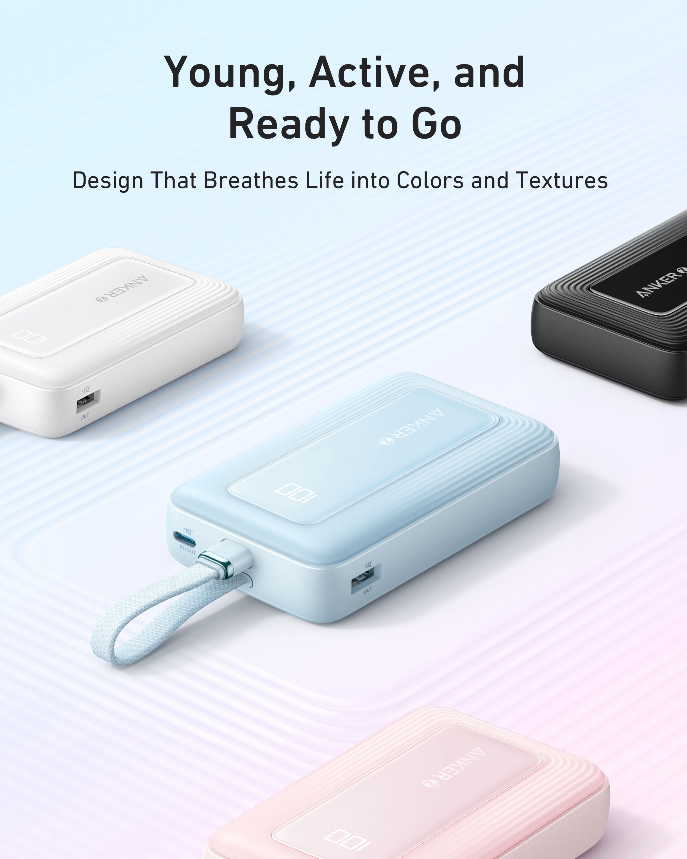 【Anker Official】Anker Zolo PowerBank (10K, 30W) with a 5.4-inch (13.7 cm) built-in USB-C Cable - Blue ~ Fast Charging Battery Pack Travel Essential Phone Power Bank for iPhone 16/15 iPad