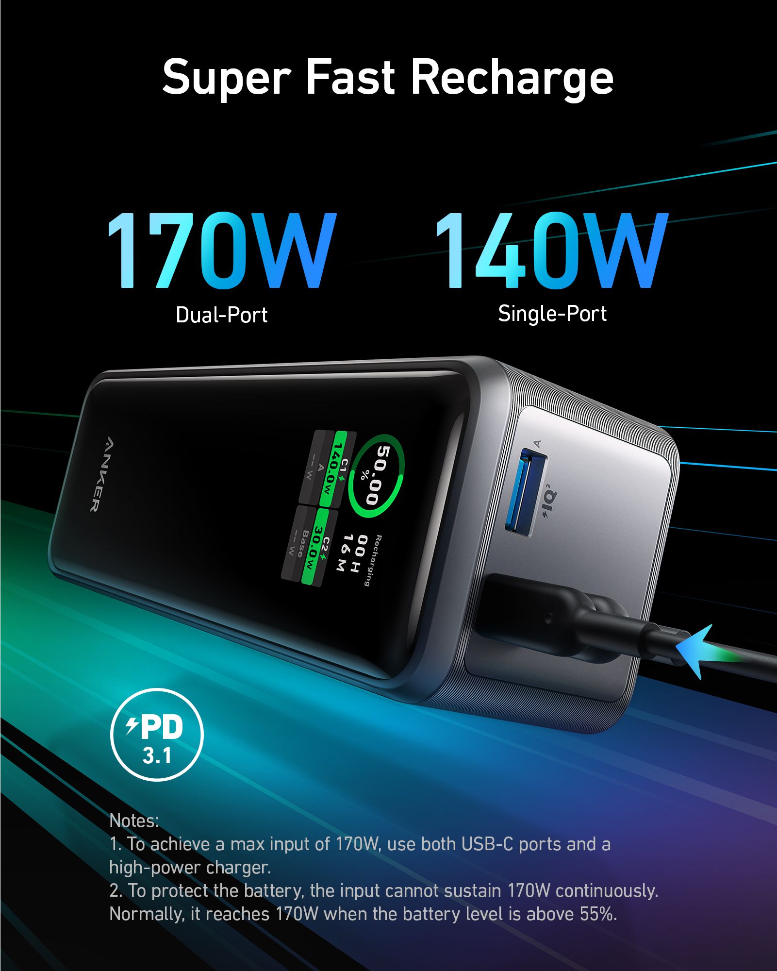 [Exclusive deal] Anker Prime 27,650mAh Power Bank (250W) - Black | Digital Display, Short Circuit Protection, App Control, Fast Charging