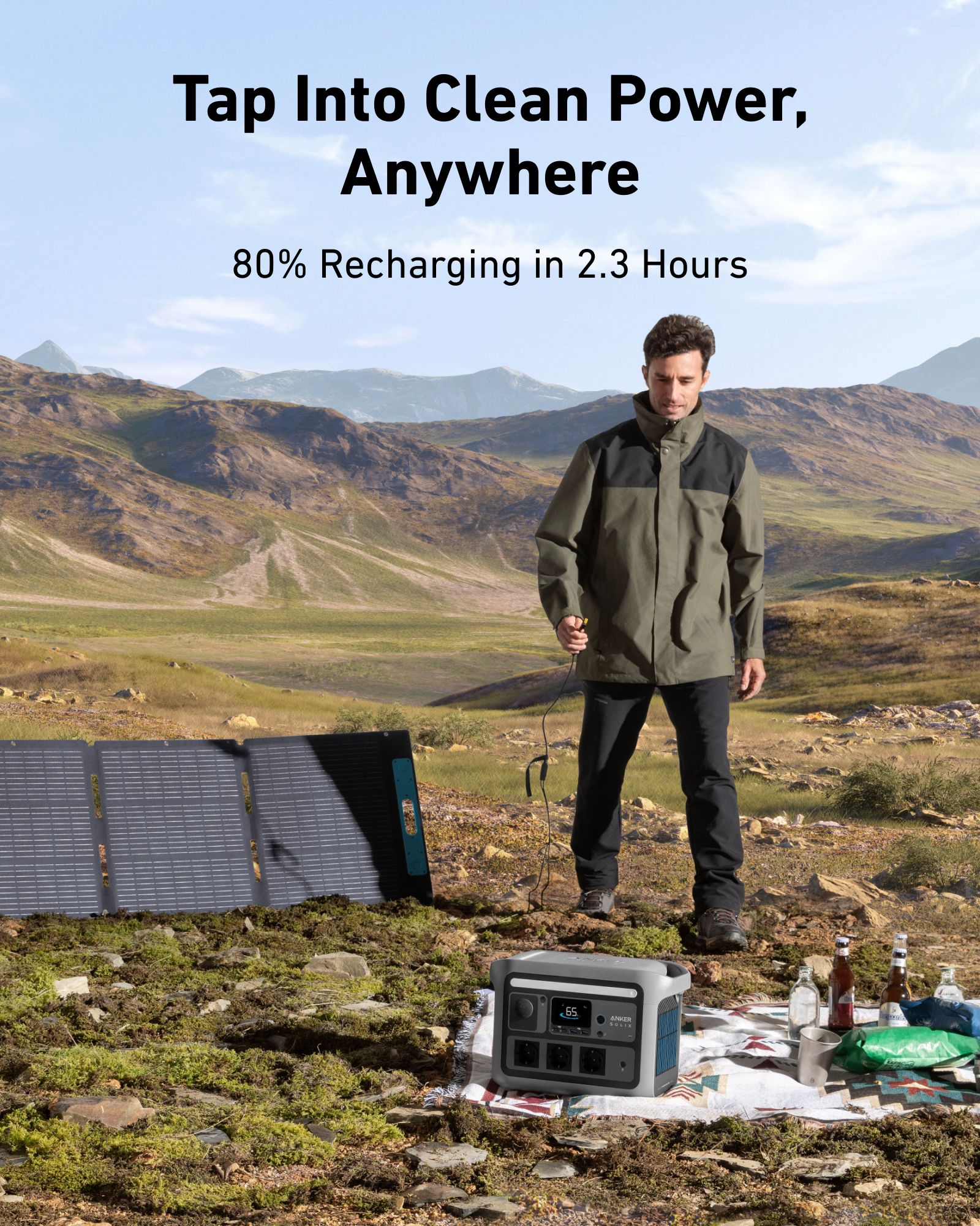 [Exclusive deal] Anker PowerSolar 3-Port 100W  – UN BLUE A2431031 PowerSolar 3-Port Design with USB-C USB-A  DC Output  Foldable & Suncast™ Kickstand