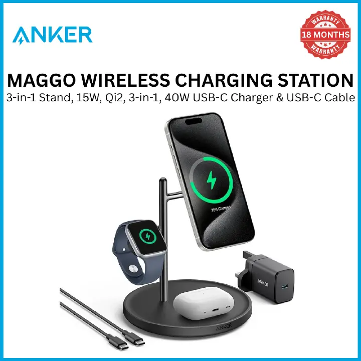 [Exclusive deal] Anker MagGo Wireless Charging Station (3-in-1 Stand) – MagSafe Fast Charger for iPhone, Apple Watch, AirPods,Ultra-Fast 15W Wireless Charging,Lightweight Design, Wireless Charging