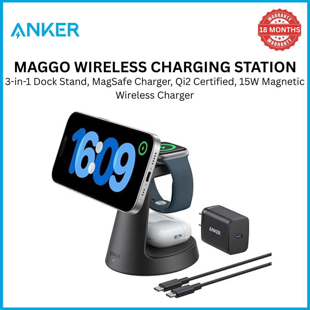 [Exclusive deal] Anker MagGo Wireless Charging Station (3-in-1, Dock Stand) - Dock Stand with 15W Fast Charge for iPhone, Watch, AirPods