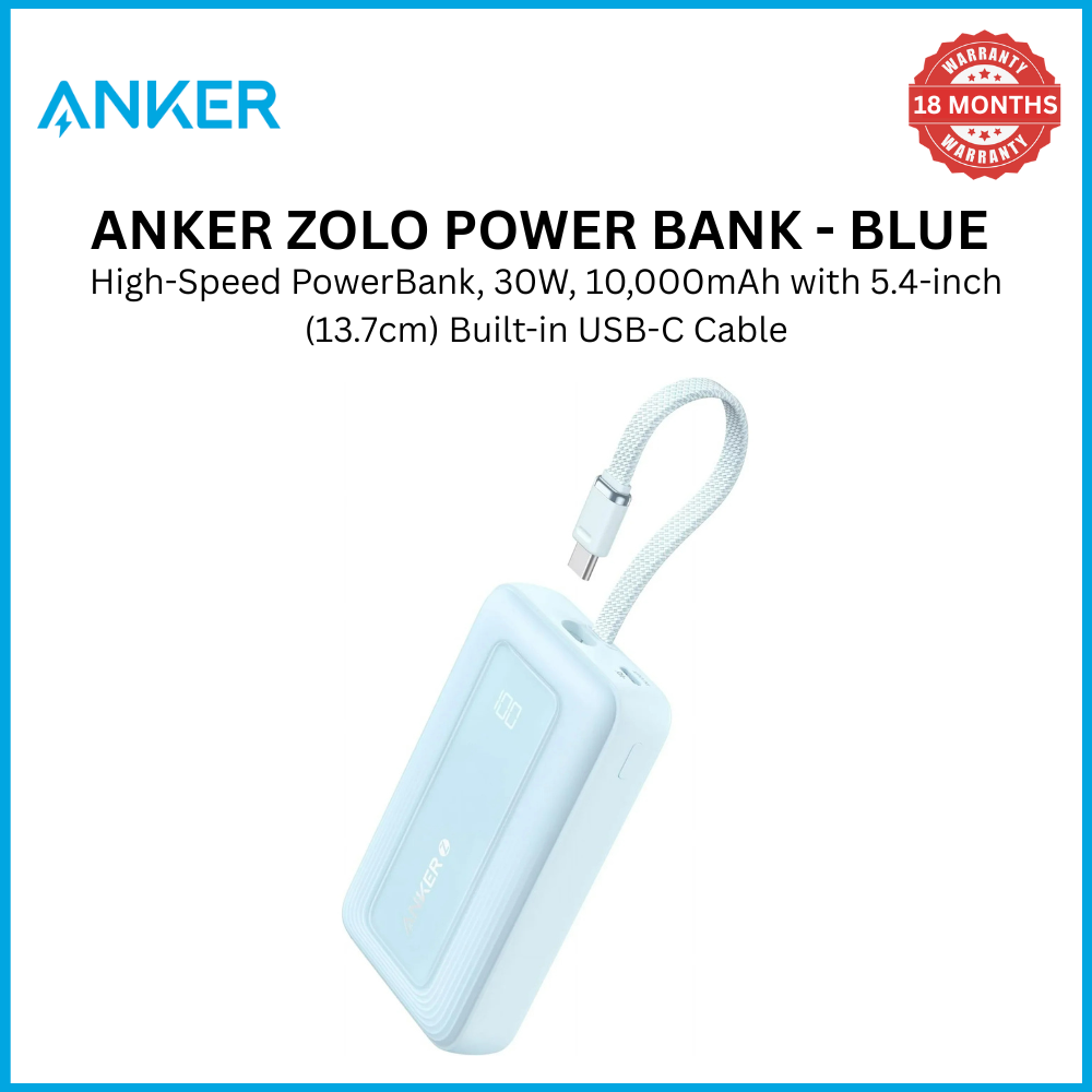 【Anker Official】Anker Zolo PowerBank (10K, 30W) with a 5.4-inch (13.7 cm) built-in USB-C Cable - Blue ~ Fast Charging Battery Pack Travel Essential Phone Power Bank for iPhone 16/15 iPad