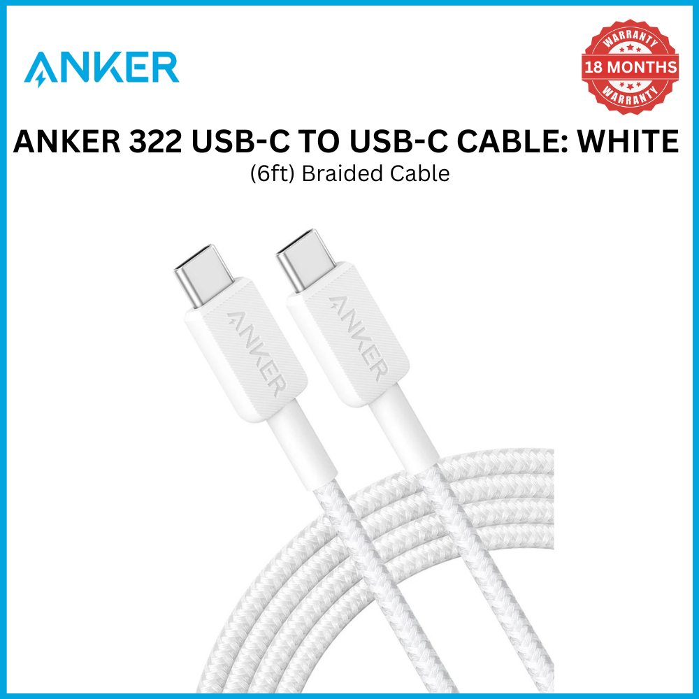 [Exclusive deal] Anker 322 USB-C to USB-C Cable (6ft Braided) - White ~ Durable Braided Design  High-Speed Data Transfer  Fast Charging