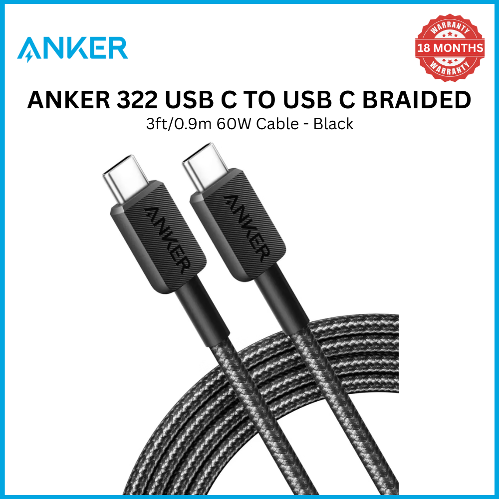 【Anker Official】Anker 322 USB C to USB C Braided 3ft/0.9m 60W Cable - Black  ~  Fast Charging  Ultra-Durable Braided Design