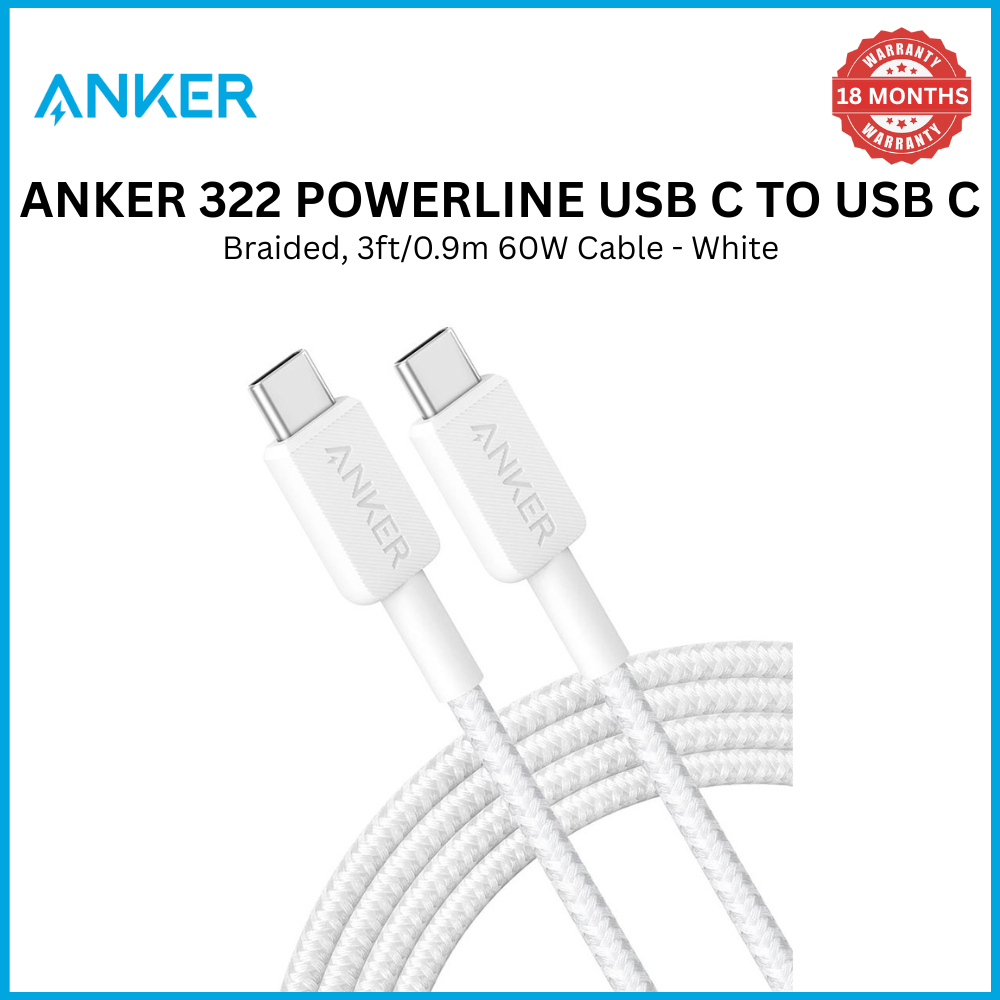[Exclusive deal] Anker 322 PowerLine USB C to USB C Braided 3ft/0.9m 60W Cable - White ~ Compact & Lightweight Perfect Length Universal Compatibility