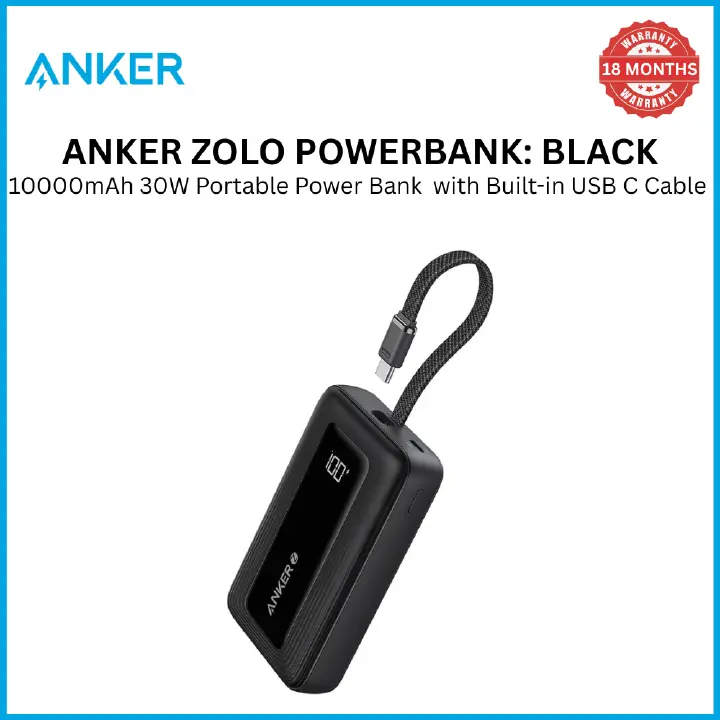 [Exclusive deal] Anker Zolo Powerbank 10000mAh 30W Power Bank Portable Charger with Built-in USB C Cable - Black
 Integrated Cable Compact Design Fast Charging
