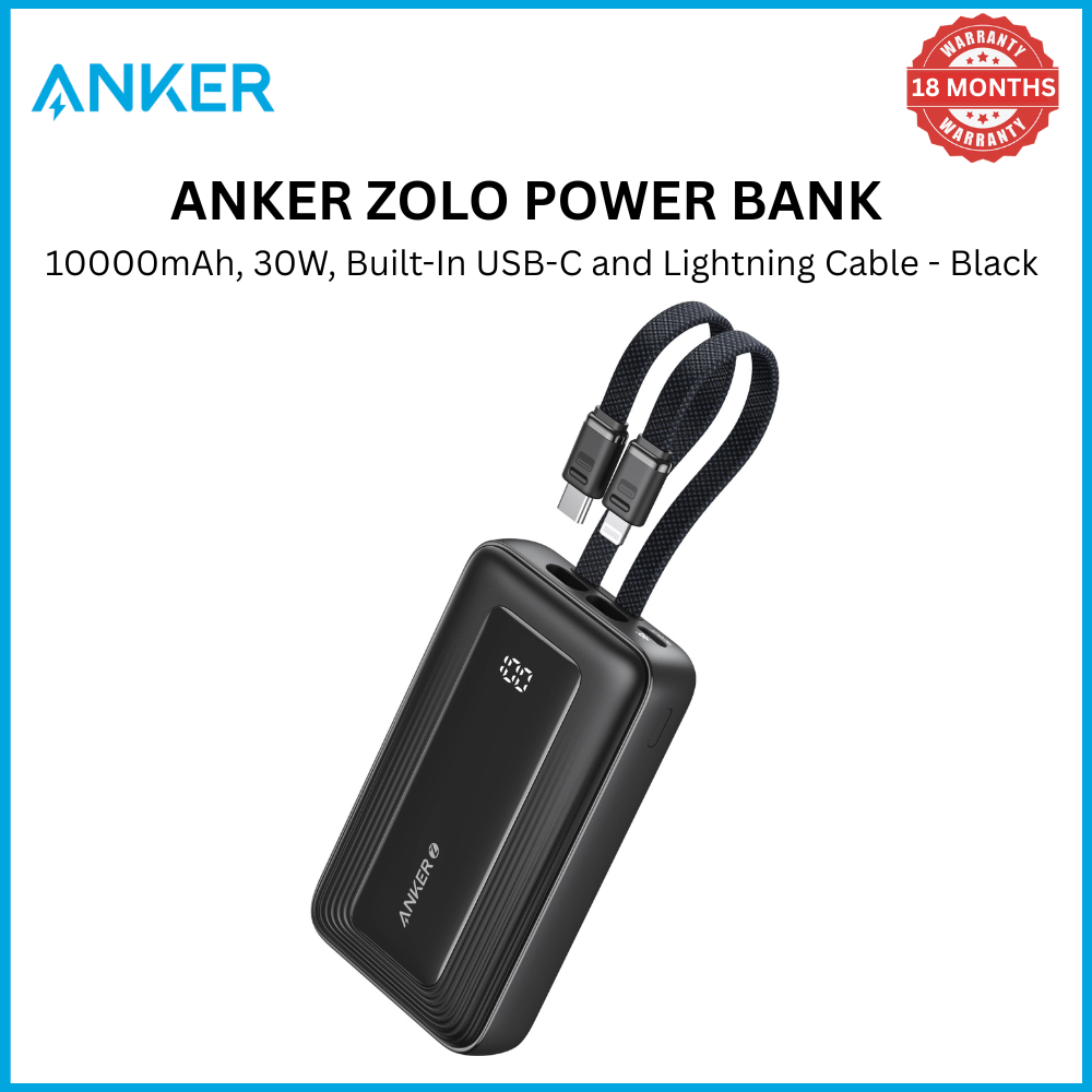 [special offer] Anker Zolo Power Bank 10K 30W Built-In USB-C and Lightning Cableb BlackMultiple Device Charging Digital Display Fast Charging