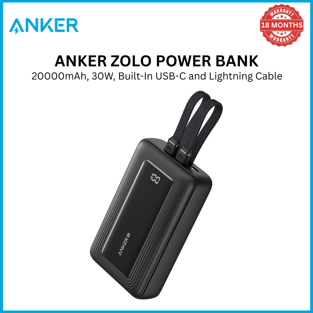 【Anker Official】Anker Zolo PowerBank (20K, 30W, Built-In USB-C and Lightning Cable)  | Fast Charging | Power Delivery | Portable Charger – Black power bank