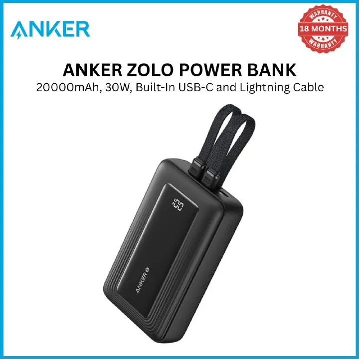 【Anker Official】Anker Zolo PowerBank (20K, 30W, Built-In USB-C and Lightning Cable)  | Fast Charging | Power Delivery | Portable Charger – Black power bank