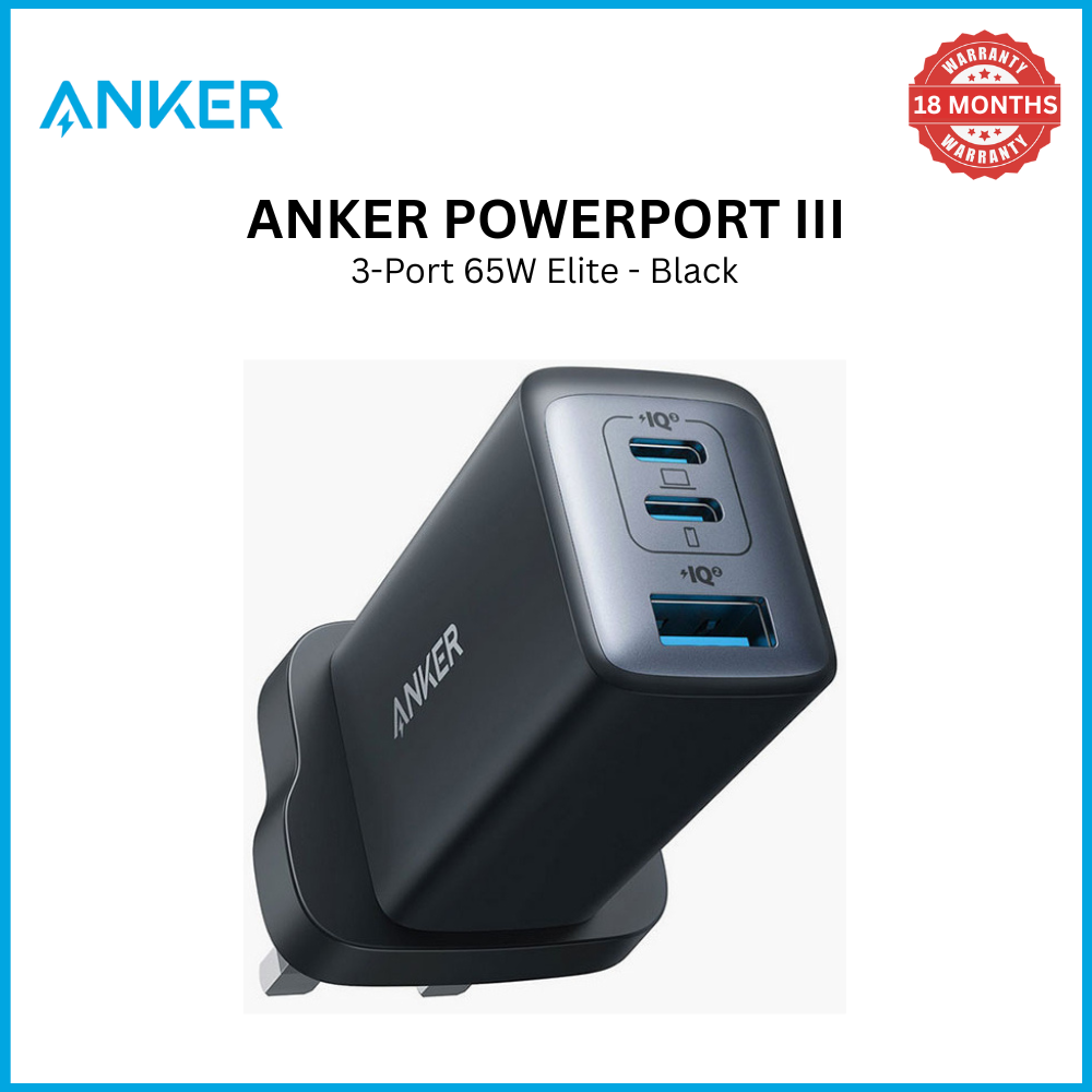 【Anker Official】  Anker PowerPort Ill 3-Port 65W Elite - Black High-Speed Charging Multiple Ports GaN Technology