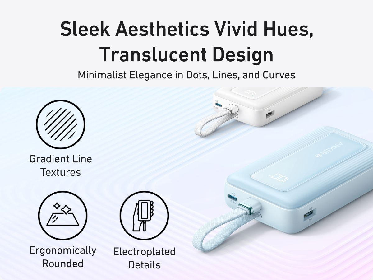 【Anker Official】Anker Zolo PowerBank (10K, 30W) with a 5.4-inch (13.7 cm) built-in USB-C Cable - Blue ~ Fast Charging Battery Pack Travel Essential Phone Power Bank for iPhone 16/15 iPad