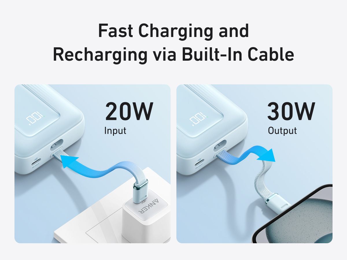 【Anker Official】Anker Zolo PowerBank (10K, 30W) with a 5.4-inch (13.7 cm) built-in USB-C Cable - Blue ~ Fast Charging Battery Pack Travel Essential Phone Power Bank for iPhone 16/15 iPad