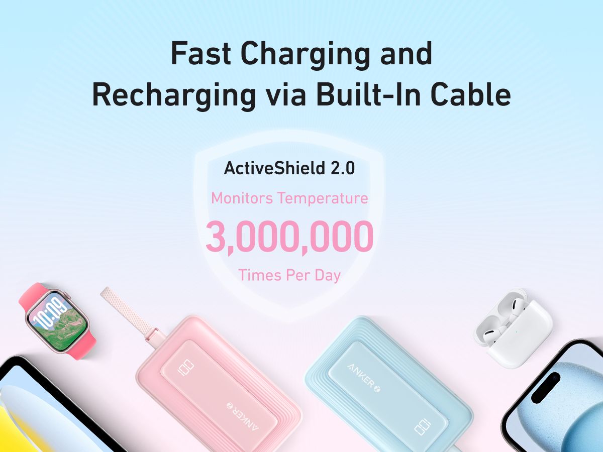 【Anker Official】Anker Zolo PowerBank (10K, 30W) with a 5.4-inch (13.7 cm) built-in USB-C Cable - Blue ~ Fast Charging Battery Pack Travel Essential Phone Power Bank for iPhone 16/15 iPad