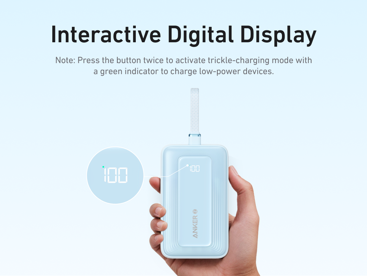 【Anker Official】Anker Zolo PowerBank (10K, 30W) with a 5.4-inch (13.7 cm) built-in USB-C Cable - Blue ~ Fast Charging Battery Pack Travel Essential Phone Power Bank for iPhone 16/15 iPad