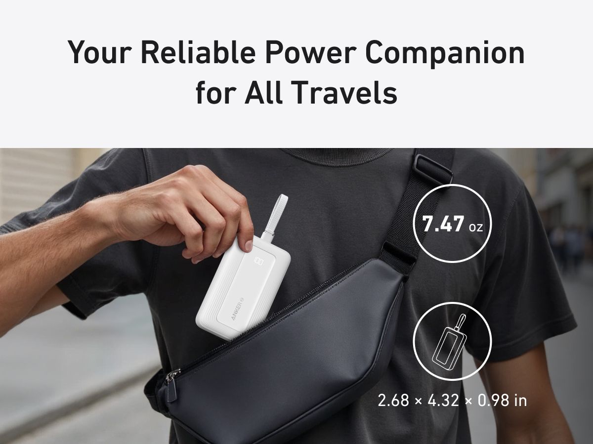 【Anker Official】Anker Zolo PowerBank (10K, 30W) with a 5.4-inch (13.7 cm) built-in USB-C Cable - Blue ~ Fast Charging Battery Pack Travel Essential Phone Power Bank for iPhone 16/15 iPad