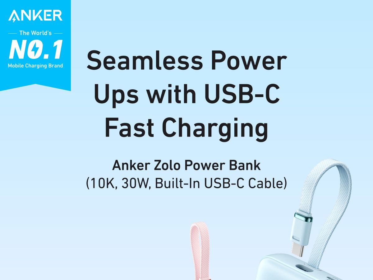 【Anker Official】Anker Zolo PowerBank (10K, 30W) with a 5.4-inch (13.7 cm) built-in USB-C Cable - Blue ~ Fast Charging Battery Pack Travel Essential Phone Power Bank for iPhone 16/15 iPad
