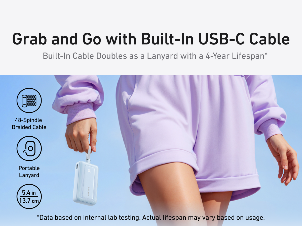 【Anker Official】Anker Zolo PowerBank (10K, 30W) with a 5.4-inch (13.7 cm) built-in USB-C Cable - Blue ~ Fast Charging Battery Pack Travel Essential Phone Power Bank for iPhone 16/15 iPad