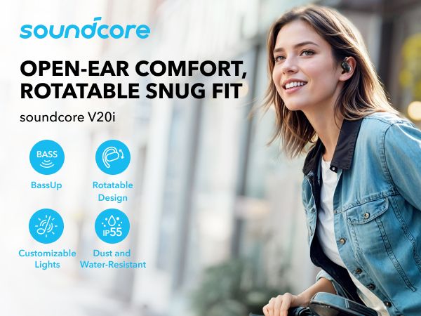 [ Special Deal ] soundcore V20i - Black, Open Ear Wireless Earbuds, clear calls, customised LED lights, immersive Audio exeperience delivers puncy bass and comfortable