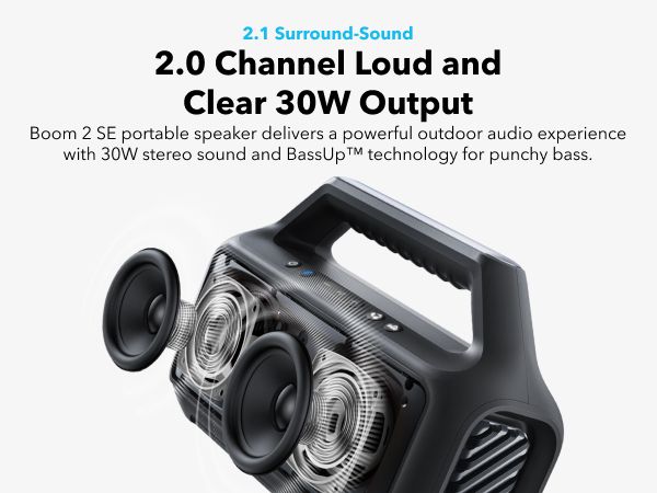 [ Special Deal ]  Soundcore Boom 2 SE | Portable Bluetooth Speaker - Black IPX7 Waterproof, 24-Hour Playtime, Wireless Stereo Pairing, 12W Stereo Sound, Bassup, Electronics for Home