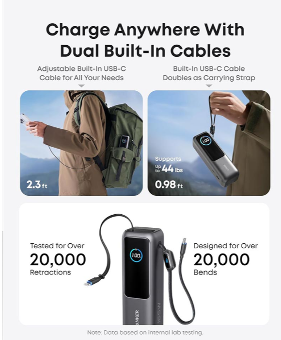 ANKER POWER BANK (25000MaH, 165W, BUILT-IN USB-C AND RETRACTABLE CABLE) - Built-in USB-C & Retractable Cable, Fast Charging Portable Charger for Laptops, Tablets & Phones