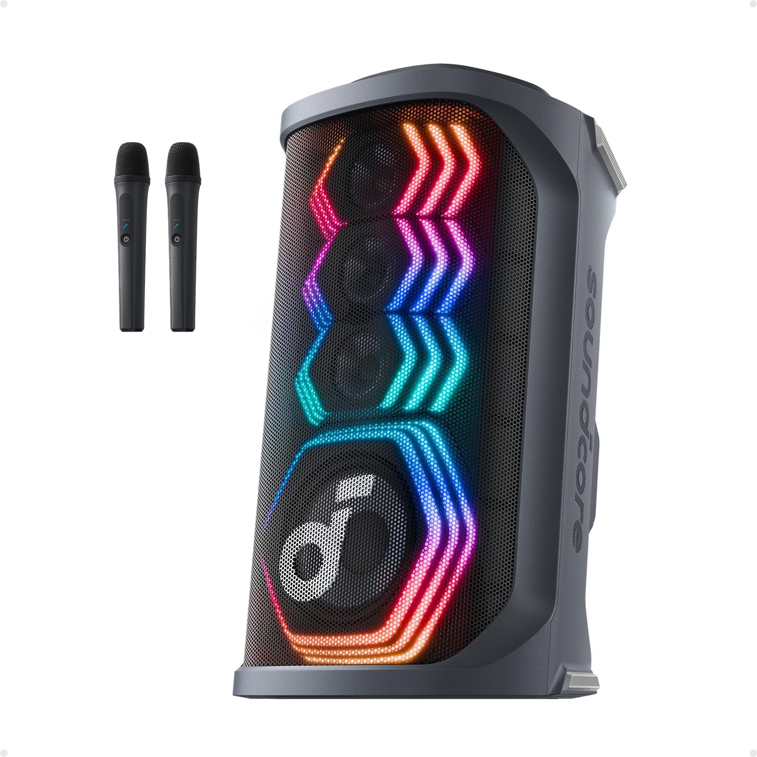 [ Special Deal ] Rave 3S AI Party Speaker with 2 Wireless Microphones, 200W Sound, AI Vocal Removal, Reverb, Light Show, 12H Playtime, Portable Bluetooth PA System for Home, Party, or Backyard