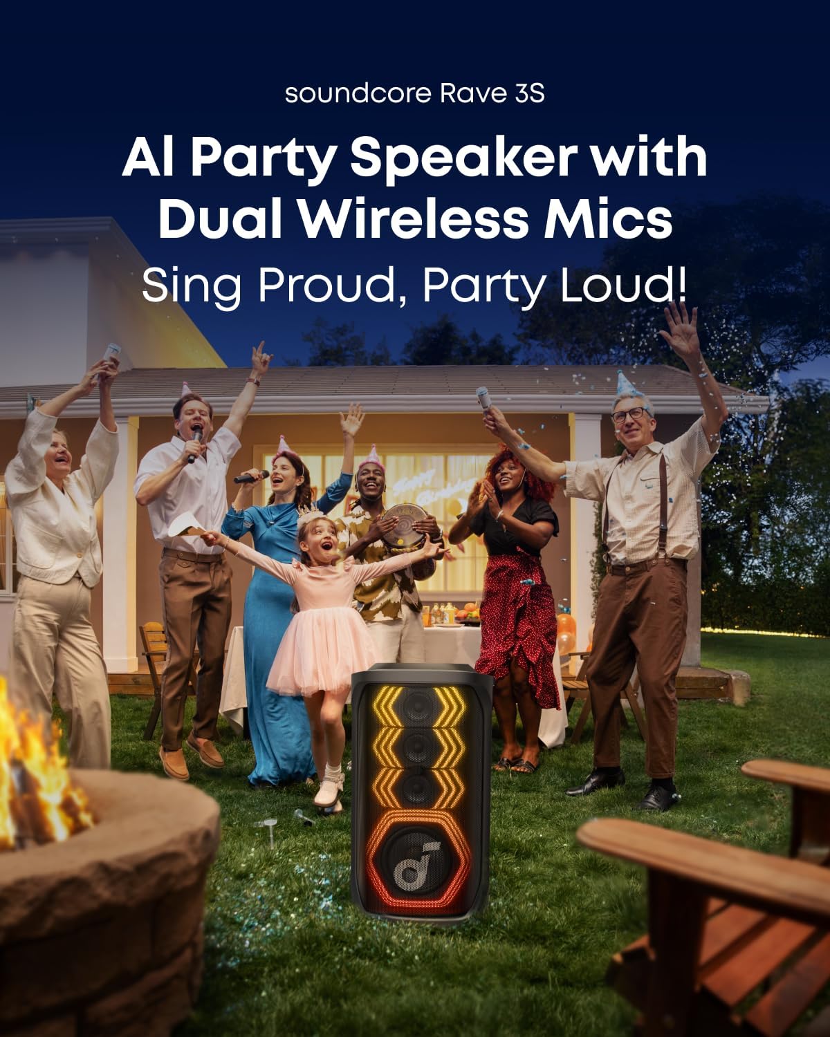 [ Special Deal ] Rave 3S AI Party Speaker with 2 Wireless Microphones, 200W Sound, AI Vocal Removal, Reverb, Light Show, 12H Playtime, Portable Bluetooth PA System for Home, Party, or Backyard