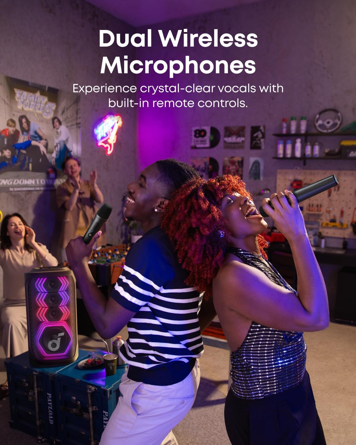 [ Special Deal ] Rave 3S AI Party Speaker with 2 Wireless Microphones, 200W Sound, AI Vocal Removal, Reverb, Light Show, 12H Playtime, Portable Bluetooth PA System for Home, Party, or Backyard