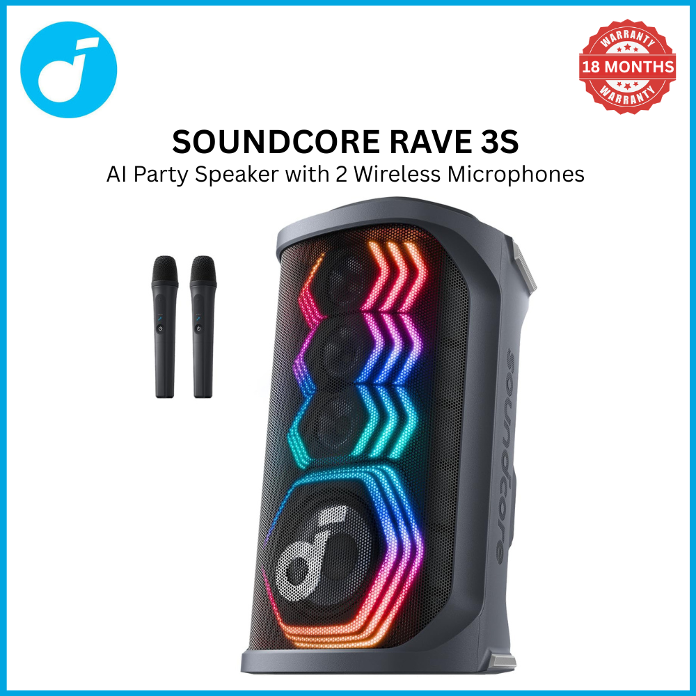 [ Special Deal ] Rave 3S AI Party Speaker with 2 Wireless Microphones, 200W Sound, AI Vocal Removal, Reverb, Light Show, 12H Playtime, Portable Bluetooth PA System for Home, Party, or Backyard