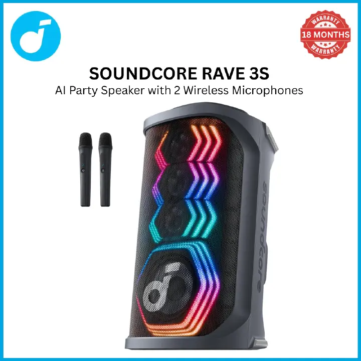 [ Special Deal ] Rave 3S AI Party Speaker with 2 Wireless Microphones, 200W Sound, AI Vocal Removal, Reverb, Light Show, 12H Playtime, Portable Bluetooth PA System for Home, Party, or Backyard
