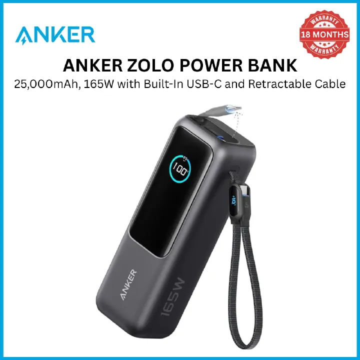 ANKER POWER BANK (25000MaH, 165W, BUILT-IN USB-C AND RETRACTABLE CABLE) - Built-in USB-C & Retractable Cable, Fast Charging Portable Charger for Laptops, Tablets & Phones