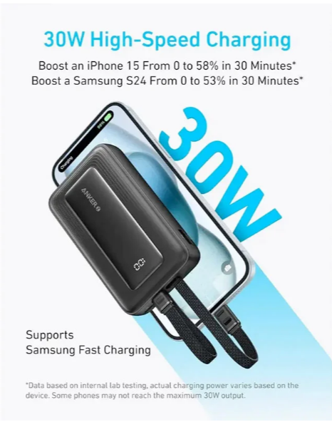 [New Arrival] ANKER POWER BANK (1OK,3OW, BUILT-IN USB-C+LIGHTNING CABLE)  Digital display for battery status,compact desigh,multi- device charging, portable charger