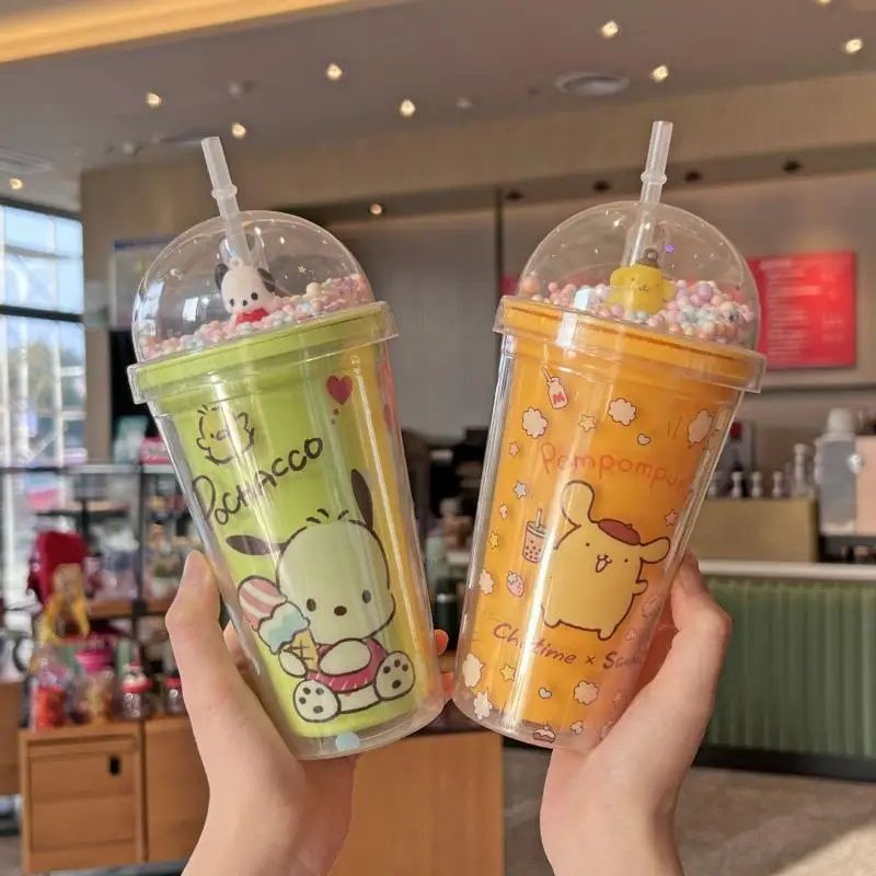 Creative New Summer Plastic Cup Double Layer Crushed Ice Cup Cute Cartoon Sanrio Straw Water Cup