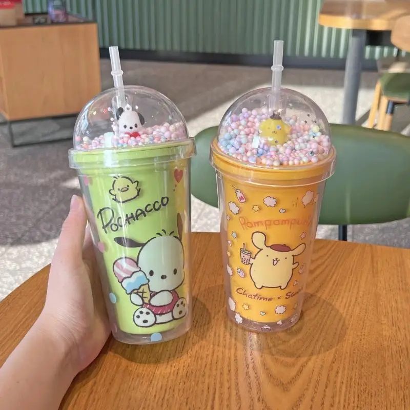 Creative New Summer Plastic Cup Double Layer Crushed Ice Cup Cute Cartoon Sanrio Straw Water Cup