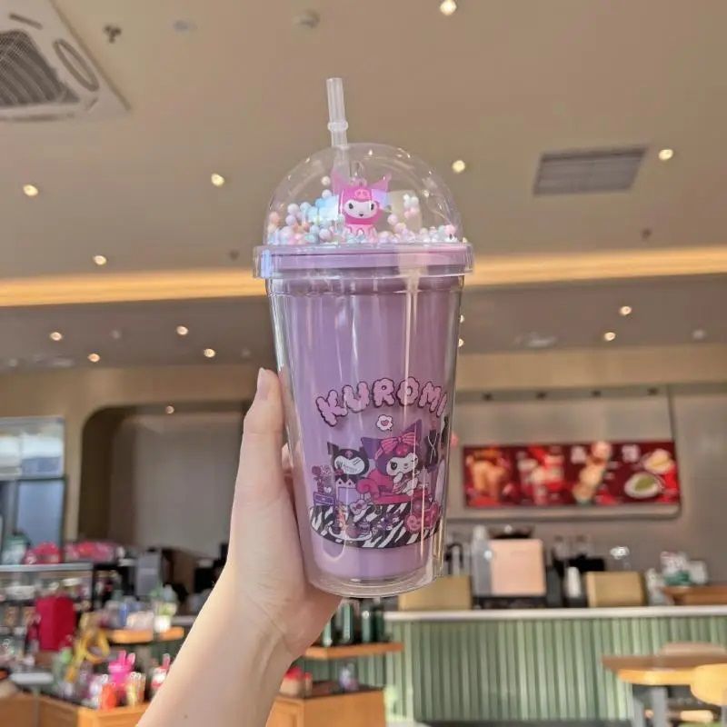 Creative New Summer Plastic Cup Double Layer Crushed Ice Cup Cute Cartoon Sanrio Straw Water Cup
