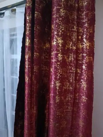 Gold Foil Print Linen Textured Blackout Curtains-3PCs curtains 1.5m Each +Sheer 3m