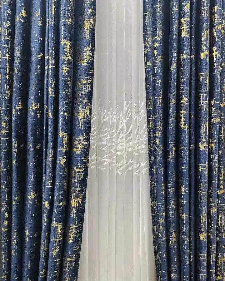 Gold Foil Print Linen Textured Blackout Curtains-3PCs curtains 1.5m Each +Sheer 3m